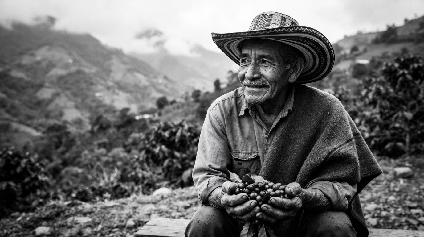 Retrato de un caficultor sosteniendo cerezas de café recién recogidas