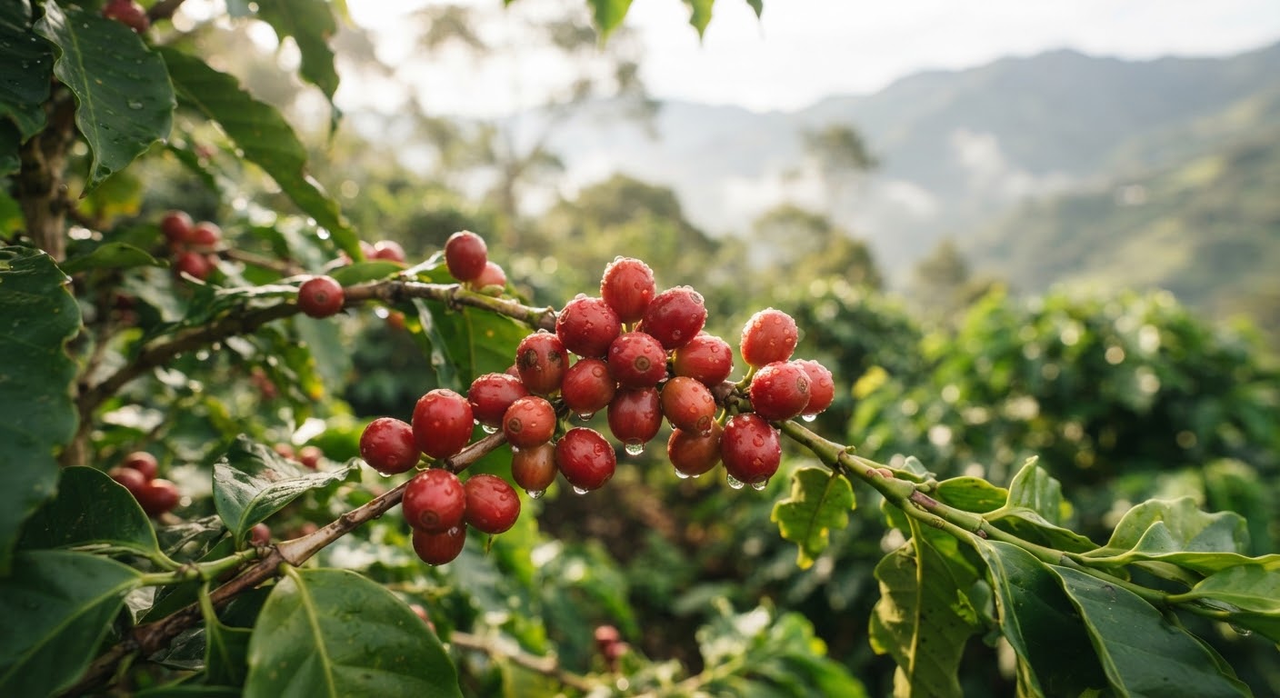 Cerezas de café rojas y maduras en la rama