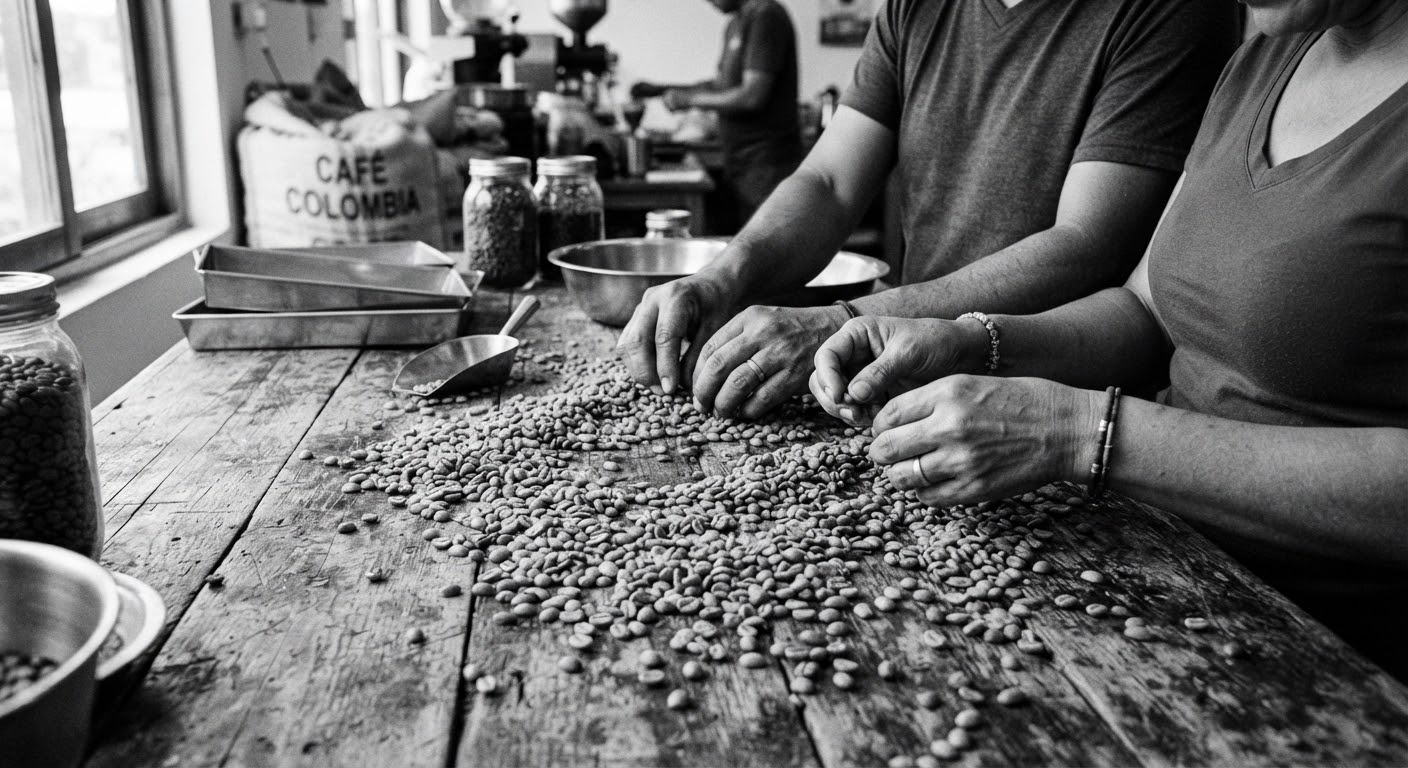 Manos seleccionando granos de café verde sobre una mesa de madera