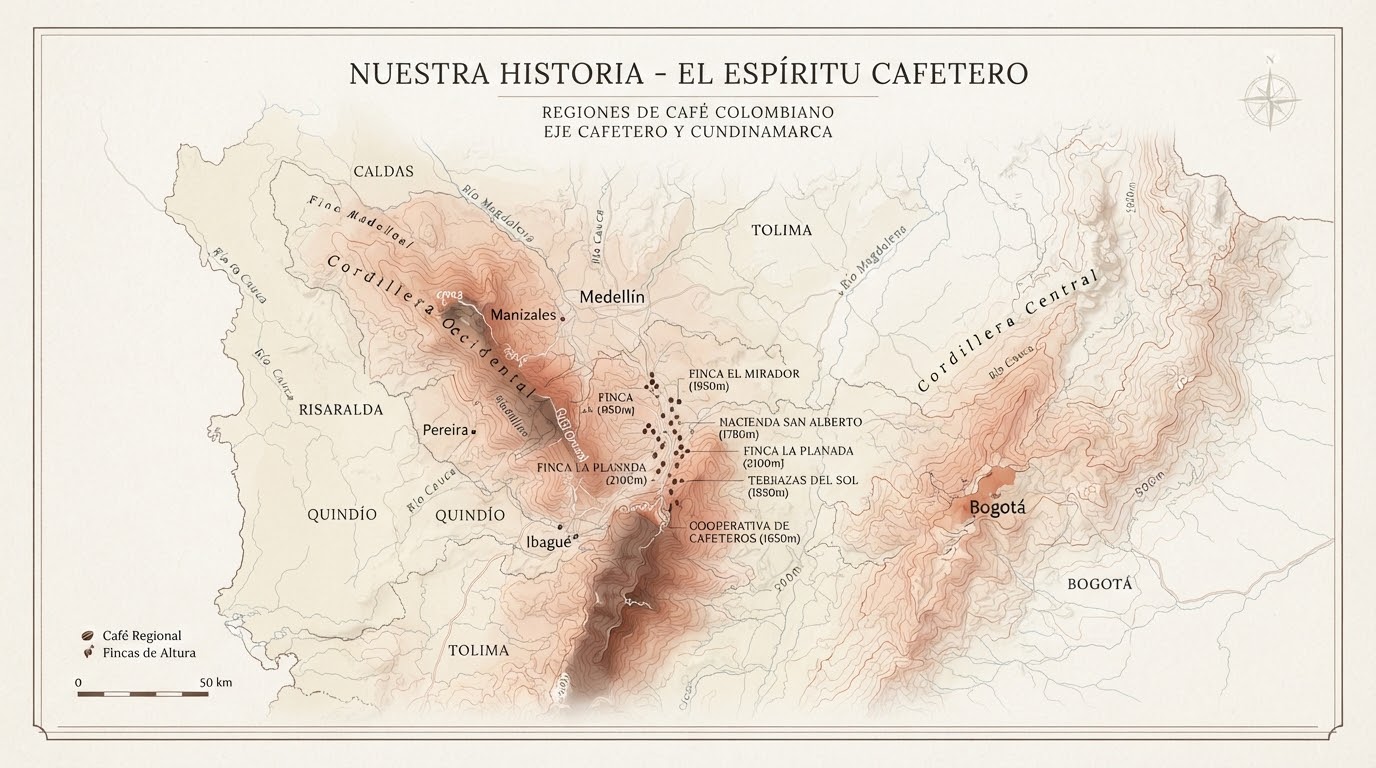 Mapa topográfico de las regiones cafeteras de Colombia con las fincas aliadas