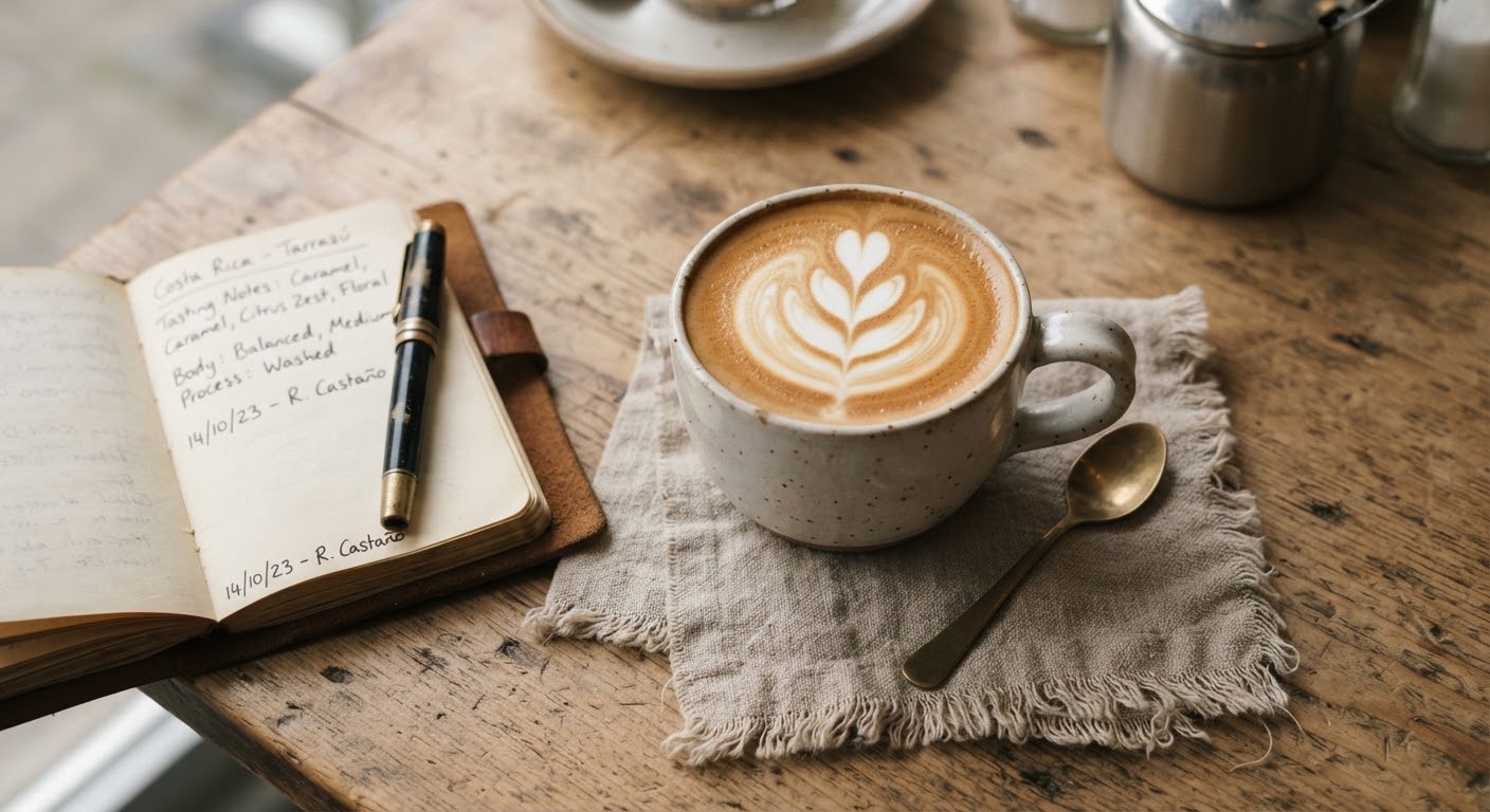 Taza de café con arte latte sobre una mesa de madera