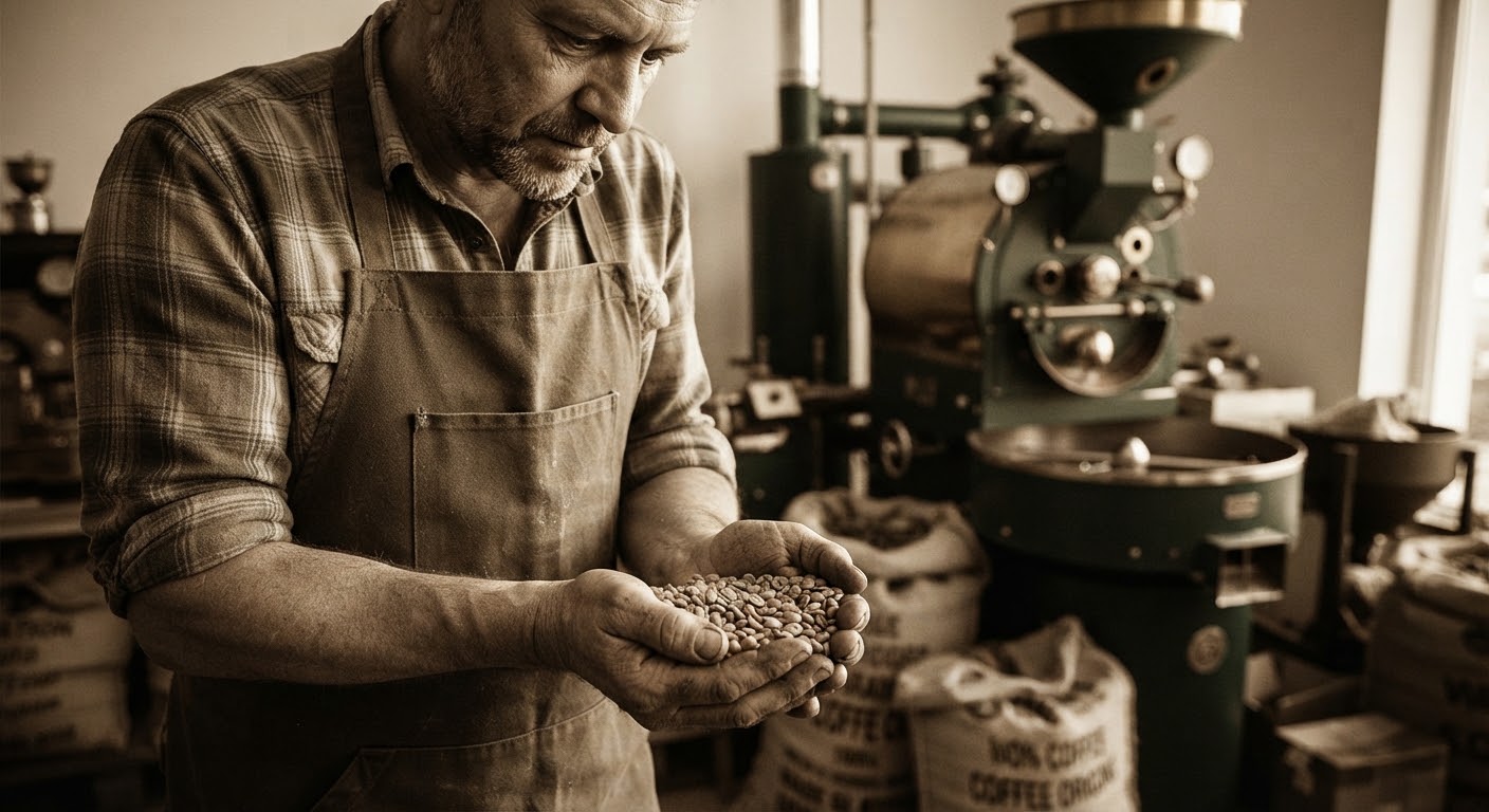 Tostador revisando granos verdes con las manos