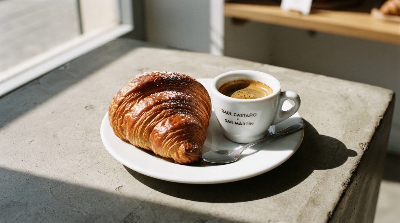 Croissant recién horneado junto a un espresso